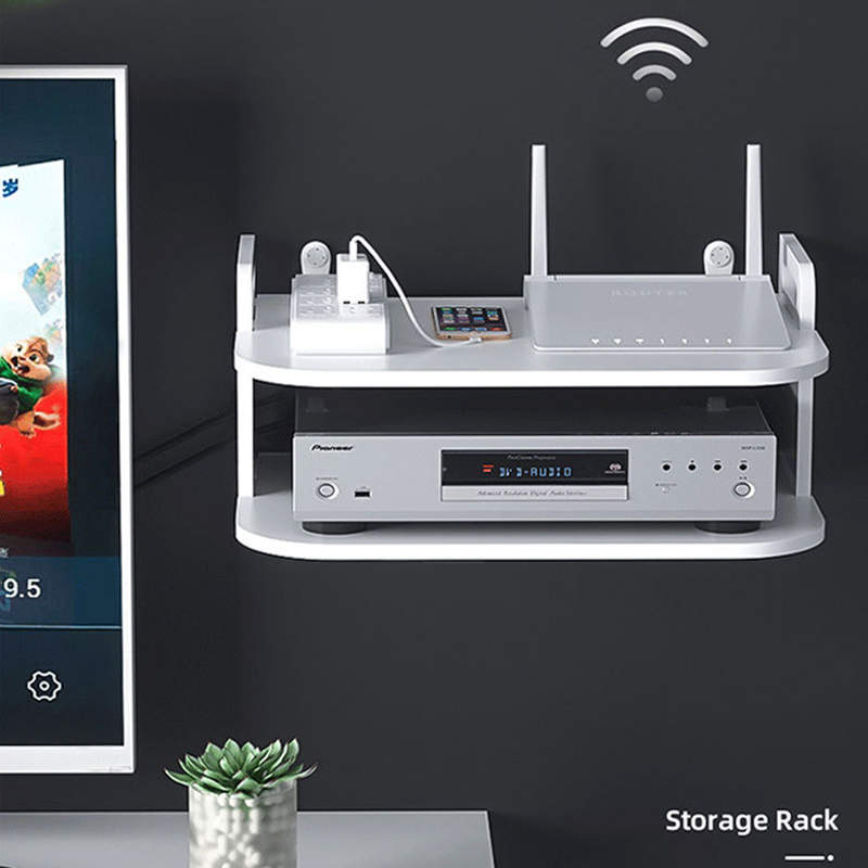 Desk Setup Room - ชั้นวางติดผนังสำหรับจัดเก็บสายเราเตอร์ ระบายอากาศได้ดี จัดวางอย่างเป็นระเบียบสำหรับโมเด็ม ทีวี เซ็ตท็อป ชั้นวางเก็บของ