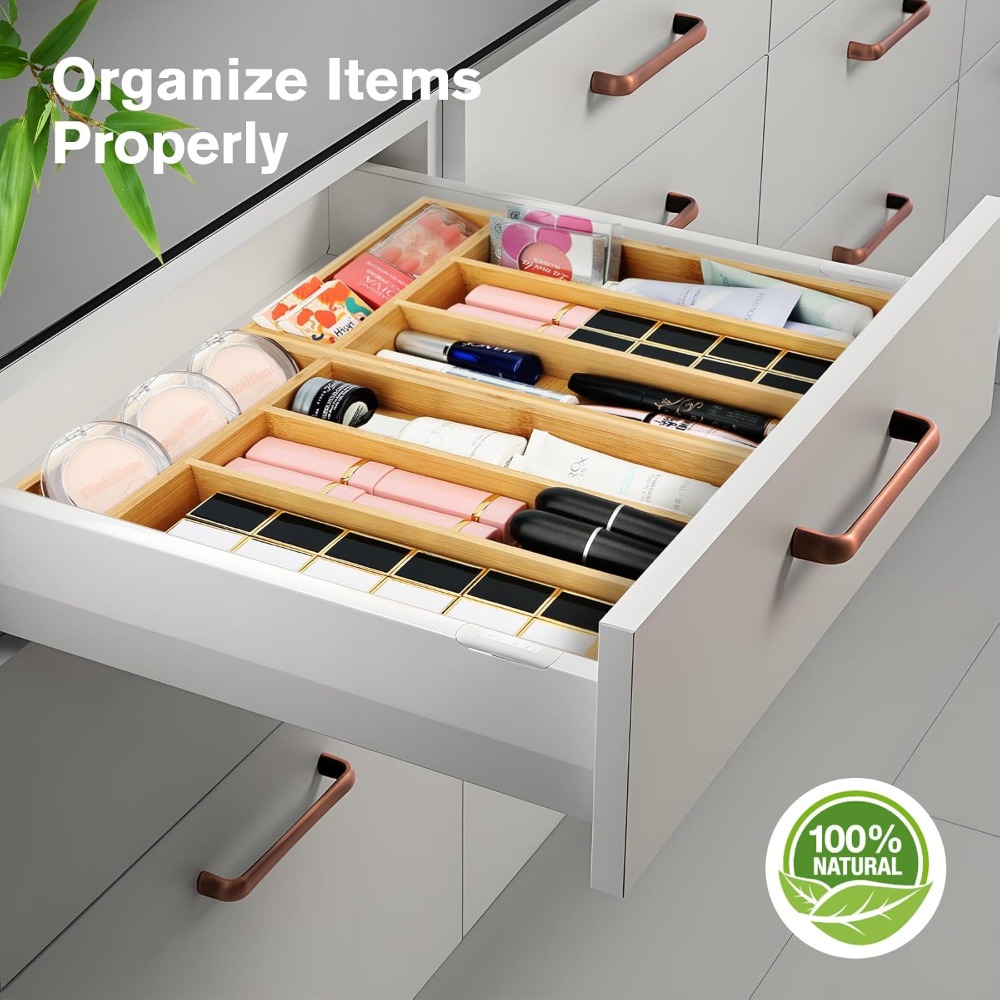 Drawer Organizer Bamboo - ถาดจัดระเบียบลิ้นชักไม้ไผ่ทนทาน กันลื่น ป้องกันการรั่วซึม ขนาดกะทัดรัด สำหรับจัดเก็บอุปกรณ์ครัว เครื่องเขียนสำนักงาน