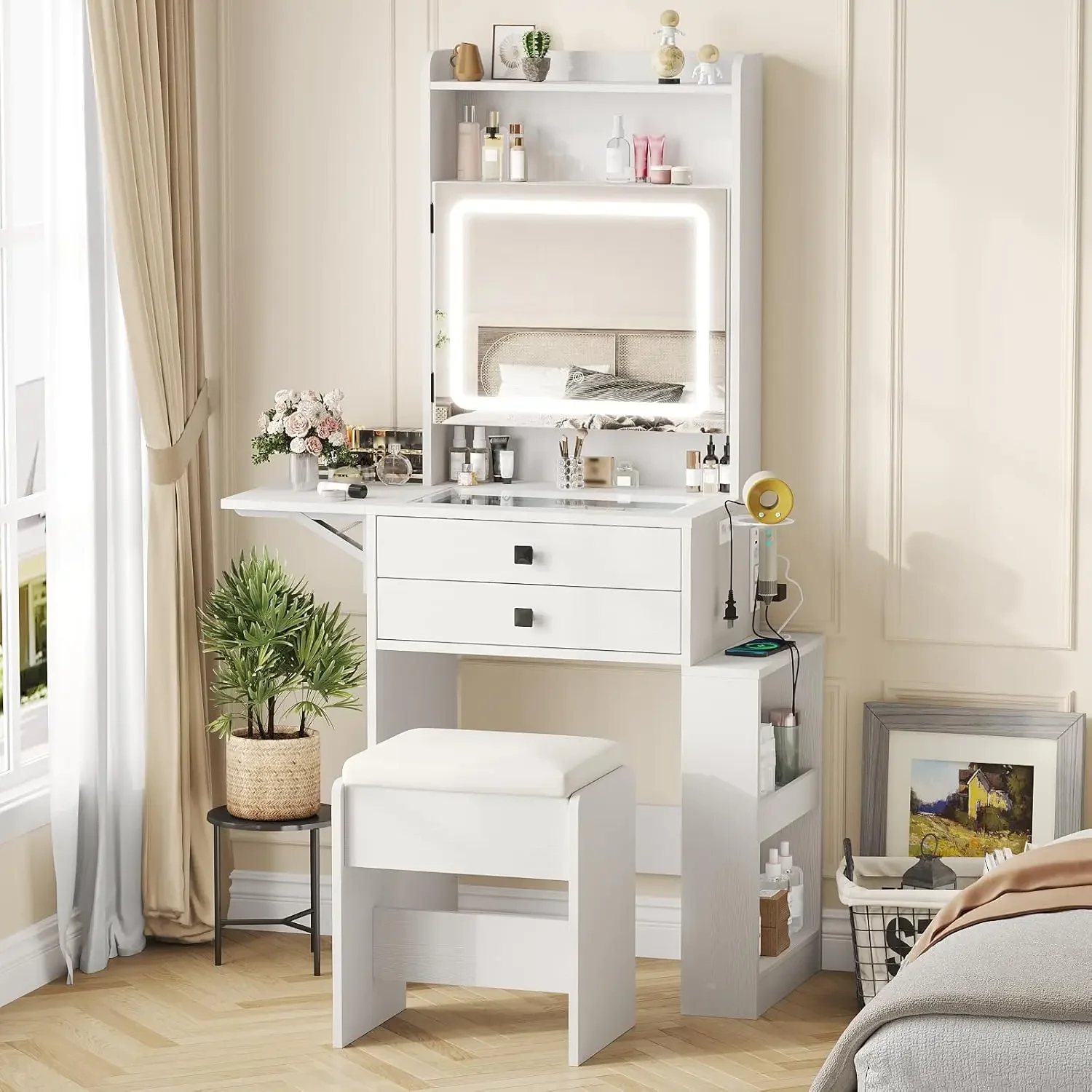 Desk Setup Charging Station - โต๊ะเครื่องแป้งขนาดเล็กพร้อมกระจกไฟปรับได้สามบาน ชุดโต๊ะเครื่องแป้งสีขาวพร้อมแผงพับเก็บได้และสถานีชาร์จ