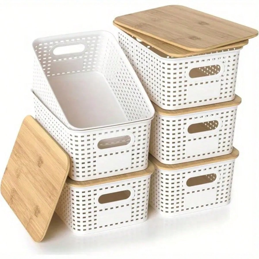 Drawer Organizer Bamboo - ชุดกล่องเก็บของแบบซ้อนกันได้ 6 ชิ้นพร้อมฝาไม้ไผ่, กล่องพลาสติกสำหรับจัดระเบียบชั้นวาง, ลิ้นชัก และโต๊ะทำงาน,