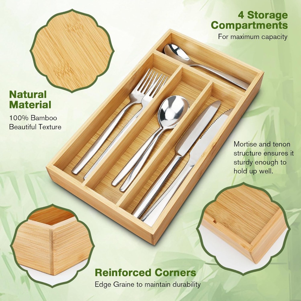 Drawer Organizer Bamboo - ที่จัดเก็บช้อนส้อมไม้ไผ่แบบลิ้นชัก พร้อมช่องแบ่งแบบร่อง สำหรับเก็บช้อนส้อม ยอดนิยมขายดี