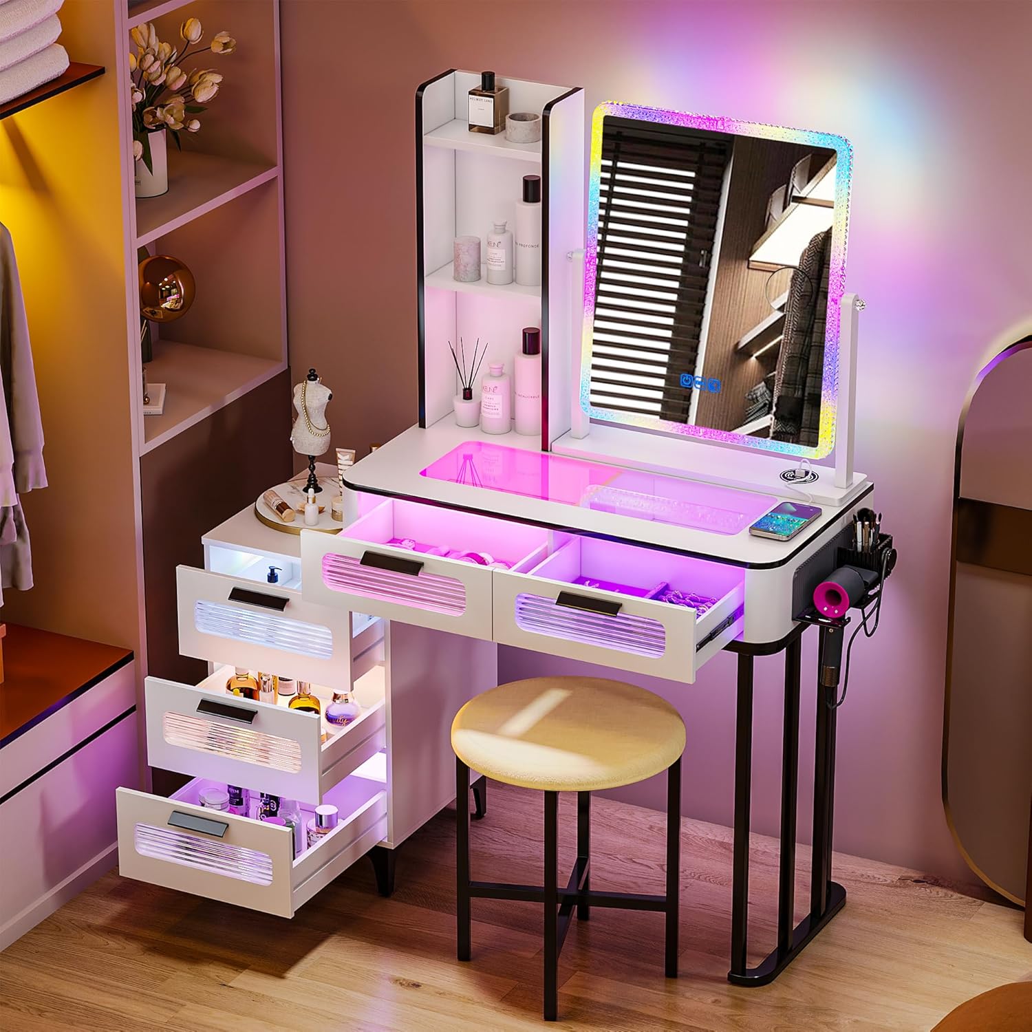 Desk Setup Charging Station - โต๊ะเครื่องแป้ง i*-RGB พร้อมแท่นชาร์จไร้สาย ชุดแต่งหน้า LED พร้อมหน้าจอแสดงผล