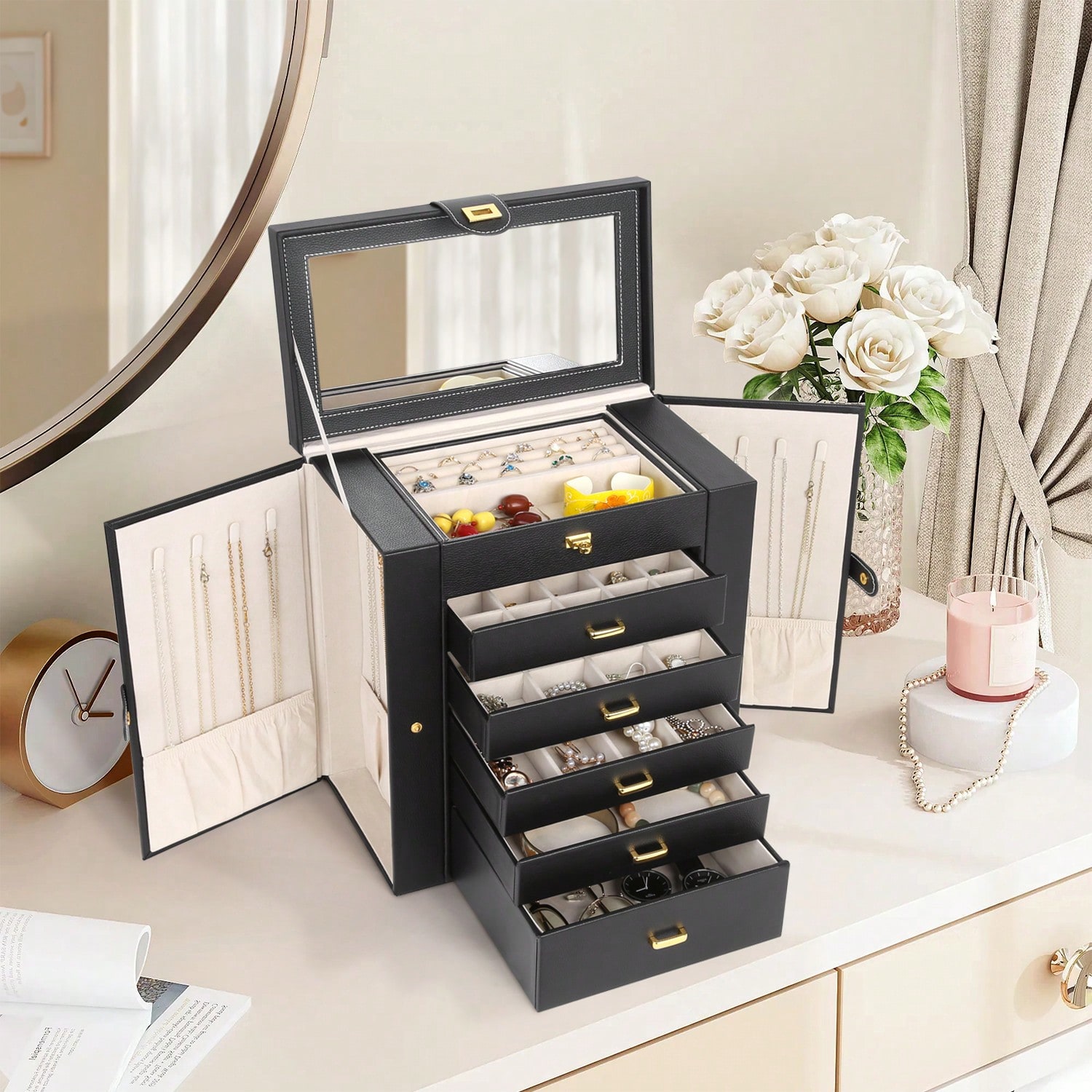 Drawer Organizer Bamboo - กล่องใส่เครื่องประดับหนัง PU 6 ชั้นพร้อมกระจกและกุญแจล็อค, กล่องเก็บเครื่องประดับขนาดใหญ่พร้อมลิ้นชัก 5