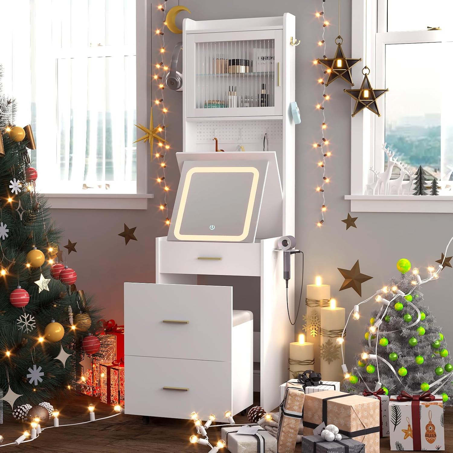 Desk Setup Charging Station - โต๊ะเครื่องแป้ง 3 ใน 1 พร้อมแผงพับกระจกมีไฟ, ชุดโต๊ะเครื่องแป้งขนาดเล็กพร้อมสถานีชาร์จสตูลที่ซ่อนอยู่