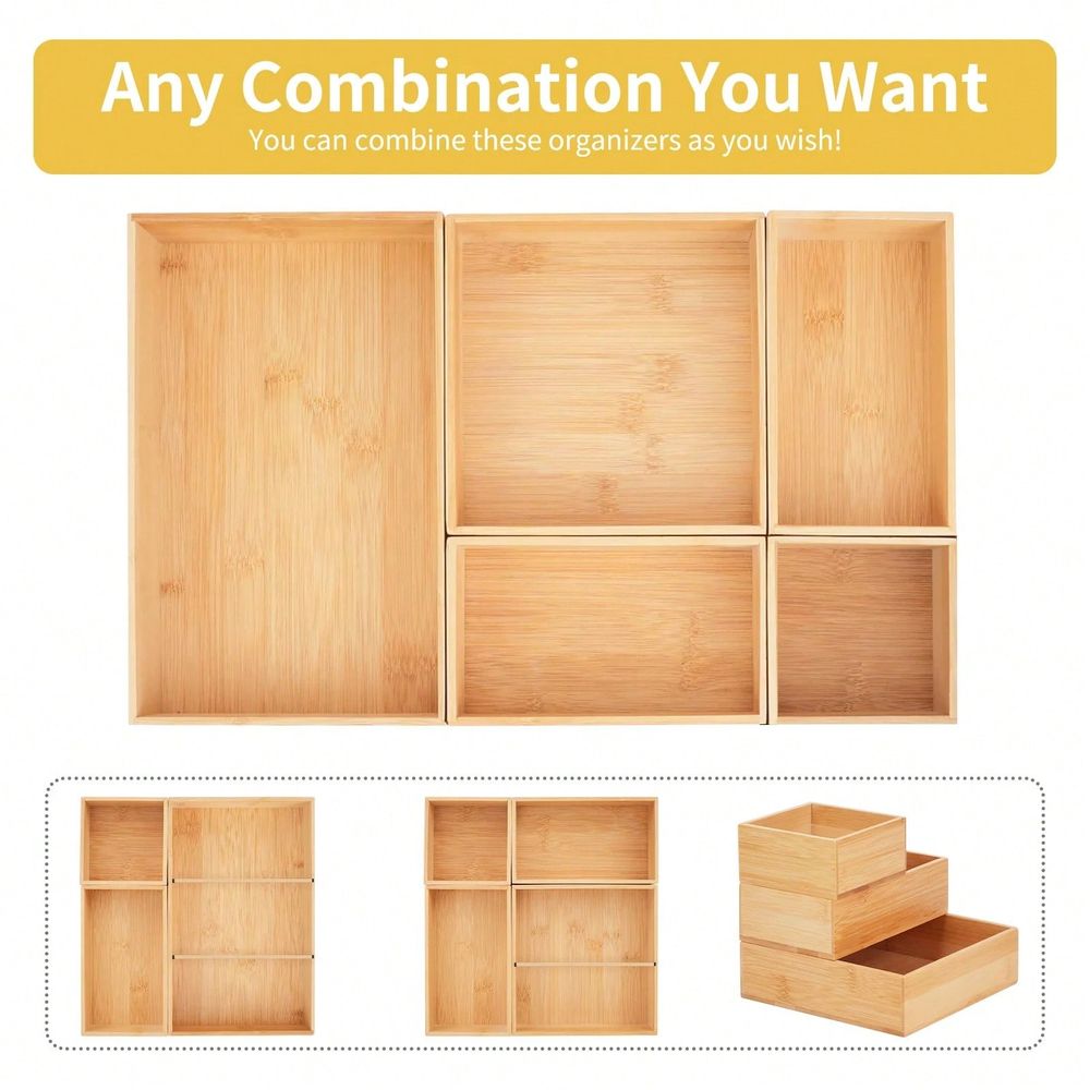 Drawer Organizer Bamboo - กล่องจัดระเบียบลิ้นชักไม้ไผ่ปรับระดับได้, กล่องเก็บของไม้แบบซ้อนได้ 2 ช่องพร้อม 7 ช่องแบ่ง,
