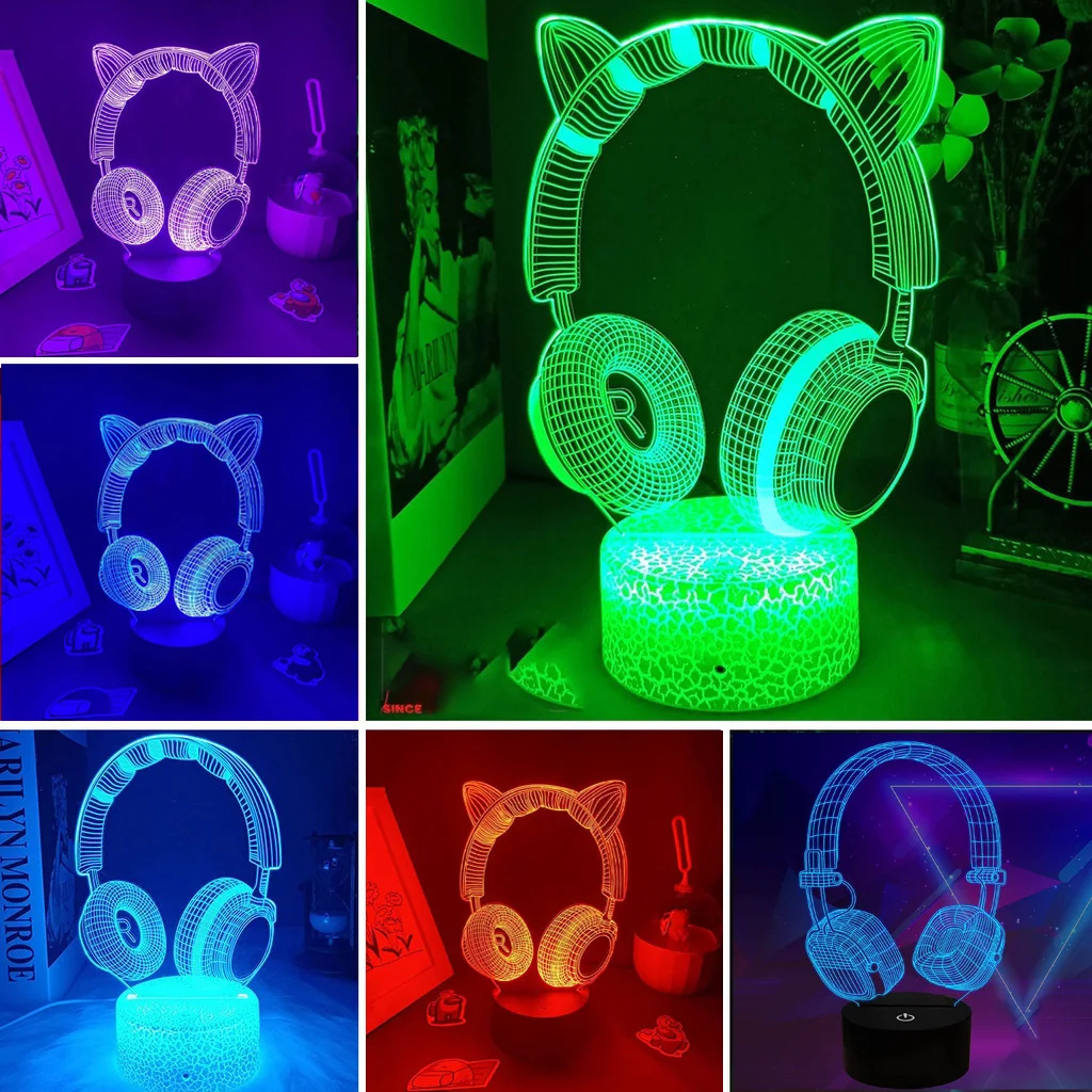 Desk Setup Kids - หูฟังใหม่ชุดหูฟังไฟกลางคืนภาพลวงตา3D โคมไฟตั้งโต๊ะโคมไฟตั้งโต๊ะเกมคอนโซลโคมไฟตกแต่งห้องสำหรับเด็กของขวัญวันคริสต์มาส