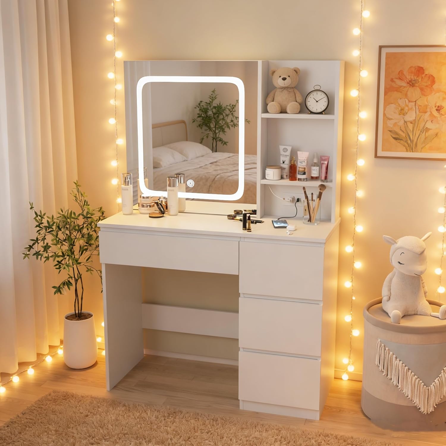 Desk Setup Charging Station - โต๊ะเครื่องแป้งพร้อมที่ชาร์จ, ชุดโต๊ะเครื่องแป้งพร้อมกระจกและเก้าอี้พร้อมไฟ, โต๊ะแต่งหน้า 4 ที่นั่ง, แบบสั่งทำพิเศษ