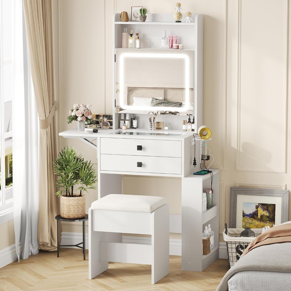 Desk Setup Charging Station - โต๊ะเครื่องแป้งขนาดเล็กพร้อมกระจกไฟปรับได้ 3 ระดับ ชุดโต๊ะเครื่องแป้งสีขาวพร้อมแผงพับได้และแท่นชาร์จ