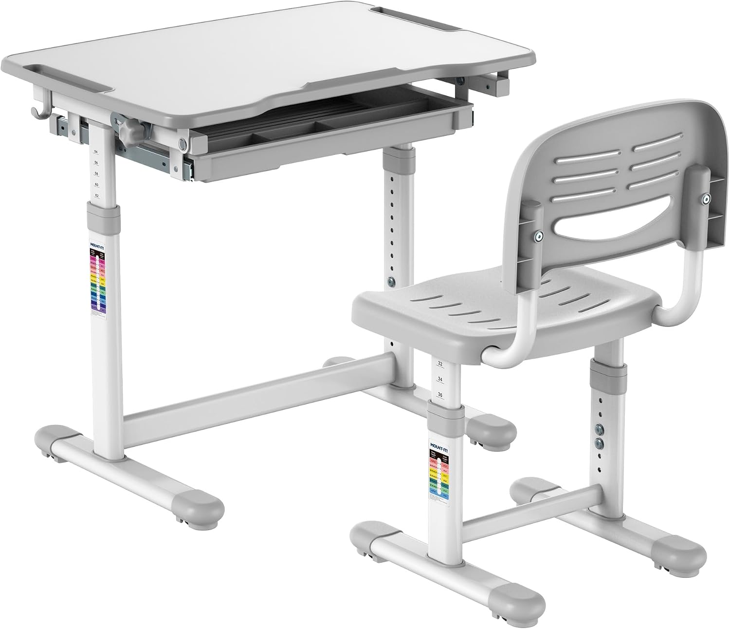 Desk Setup Kids - ชุดโต๊ะและเก้าอี้สำหรับเด็ก ปรับความสูงได้สูงสุด 30 นิ้ว โต๊ะเรียนตามหลักสรีรศาสตร์พร้อมลิ้นชัก สีเทา