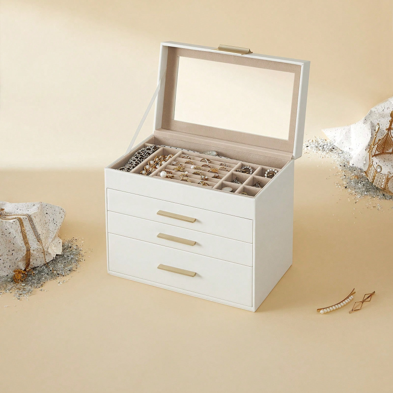 Drawer Organizer Bamboo - กล่องเก็บเครื่องประดับ 4 ชั้นพร้อมฝาแก้วและลิ้นชัก 3 ช่อง, กล่องเก็บของขนาดใหญ่สำหรับแว่นกันแดด
