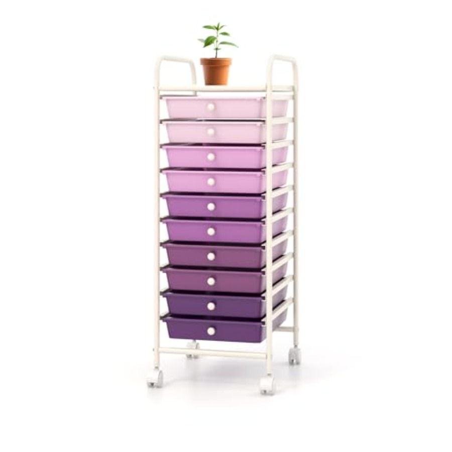 Drawer Organizer Bamboo - รถเข็นเก็บของ, รถเข็นอเนกประสงค์แบบมีล้อพร้อมลิ้นชัก 10 ช่อง, มีที่จับแบบพกพาและล้อที่ล็อคได้, ตู้เก็บของเล่นกระดาษแบบเคลื่อนที่ได้