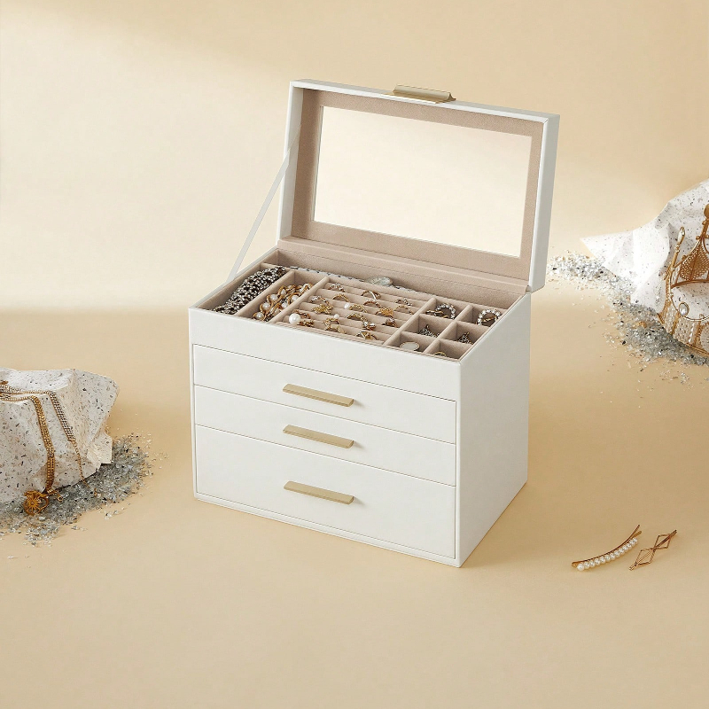Drawer Organizer Bamboo - กล่องเก็บเครื่องประดับ 4 ชั้นแบบอัพเกรดพร้อมฝาแก้วและลิ้นชัก 3 ช่อง, กล่องจัดเก็บขนาดใหญ่บุด้วยกำมะหยี่สำหรับแว่นกันแดด,