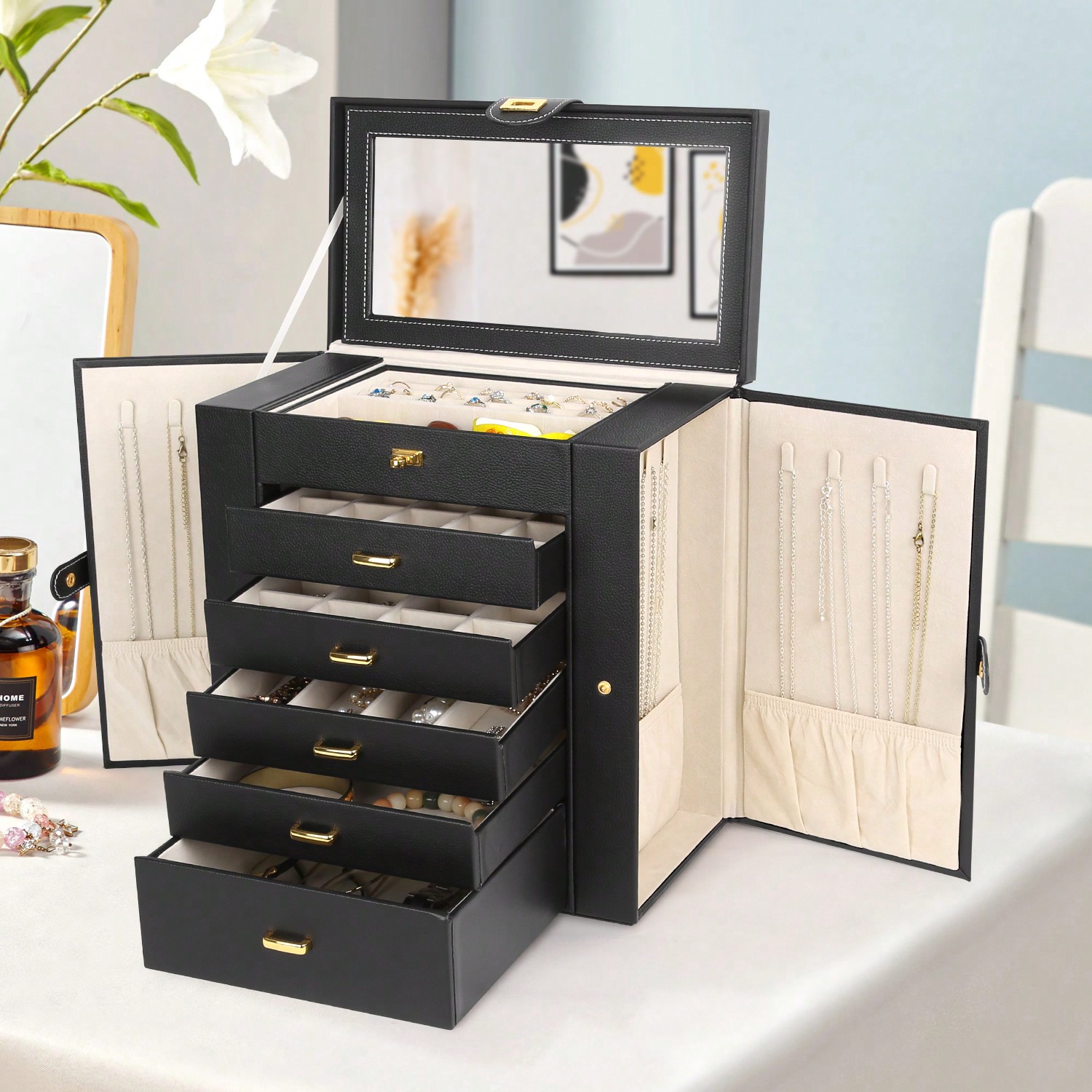 กล่องใส่เครื่องประดับหนัง PU 6 - Drawer Organizer Bamboo บทวิจารณ์และราคา